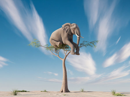 A whimsical scene of an elephant perched on a tree branch against a bright blue sky.の素材