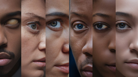 A diverse group of faces showcasing various skin tones and eye colors, reflecting individuality and uniqueness.の素材