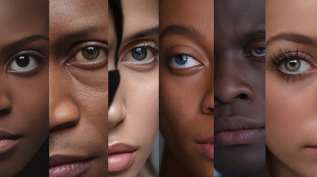 Diverse group showcasing various eye colors and complexions, highlighting beauty and individuality.の素材