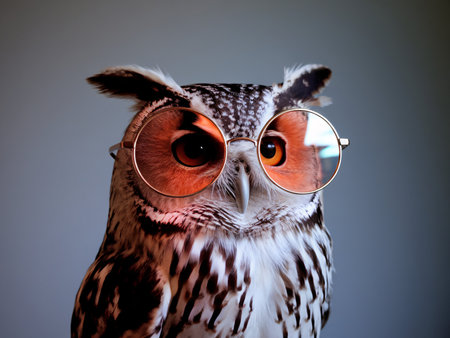 A stylish owl with large glasses and striking orange eyes poses confidently against a soft background.の素材