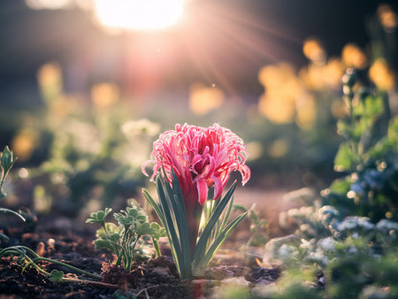 A delicate pink flower bathed in warm sunlight, surrounded by lush greenery and soft morning light.の素材
