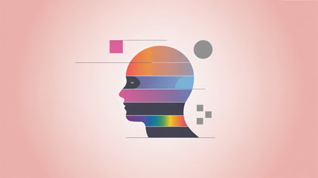 Abstract illustration of a human head silhouette with colorful stripes, representing creativity and thought.の素材