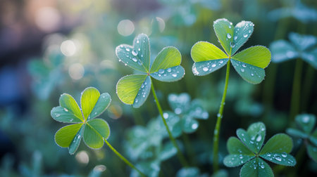 Close-up of vibrant green clovers adorned with droplets, shining in soft natural light.の素材