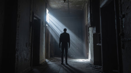 A male figure stands in a dimly lit corridor, illuminated by dramatic beams of light.の素材