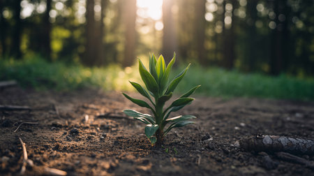 A small green plant emerges from fertile soil, illuminated by soft sunlight filtering through trees.の素材
