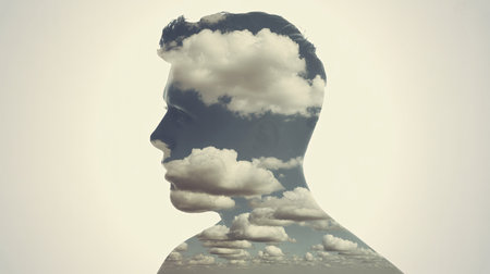 Silhouette of a young man with a cloud-filled sky overlay, symbolizing dreams and aspirations.の素材