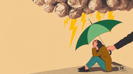 A woman sits under an umbrella, shielding herself from a storm of crumpled papers symbolizing stress.の素材
