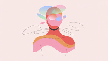 Abstract illustration of a human figure with vibrant colors and soft shapes, creating a dreamy atmosphere.の素材
