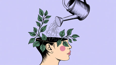 Female character with plants growing from her head, symbolizing growth and creativity.の素材