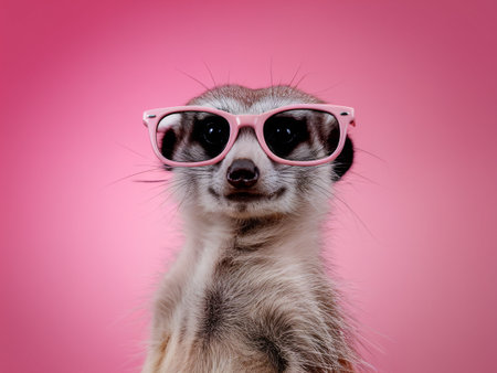 A stylish meerkat wearing pink glasses against a vibrant pink background.の素材