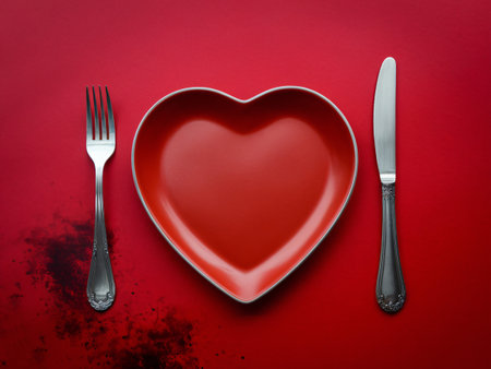 Romantic heart-shaped plate with silverware on a red background, creating a warm and loving atmosphere.の素材