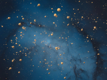 A mesmerizing view of floating orbs in a dark blue cosmic backdrop, showcasing the beauty of space.の素材