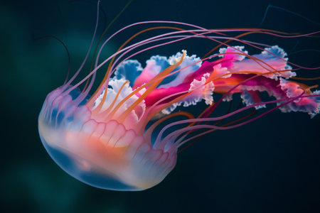 A vibrant jellyfish gracefully glides through dark waters, showcasing its colorful tentacles.の素材