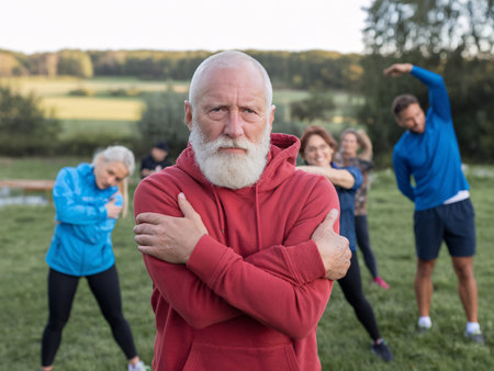 Focused senior man in red hoodie exercises with a group in the background on a sunny day.の素材
