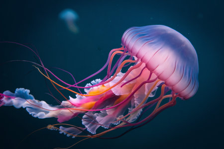 A vibrant jellyfish gracefully swims through deep blue water, showcasing its colorful tentacles.の素材