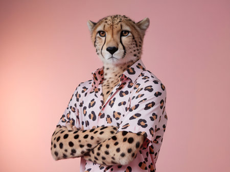 Stylish cheetah wearing a pink leopard print shirt, posing confidently against a pastel background.の素材