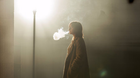 A young Caucasian woman exhales smoke in a dimly lit urban setting, creating a mysterious atmosphere.の素材