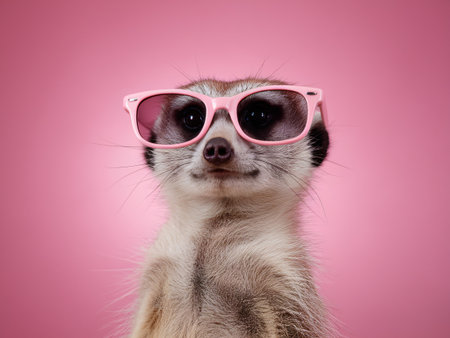 A cute meerkat wearing pink sunglasses against a vibrant pink background, exuding a playful vibe.の素材