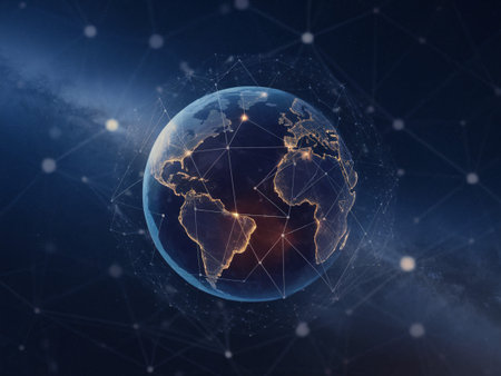 A stunning digital illustration of Earth glowing in a network of lights against a starry background.の素材