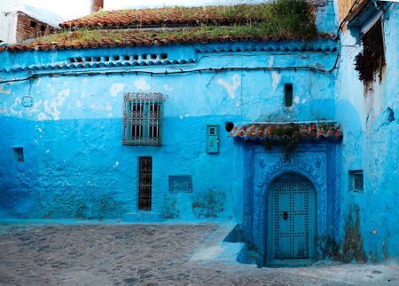House in the old medina of Chefchaouen, A small pretty town in the Rif of Morocco. An artsy, blue-washed mountain village.の写真素材
