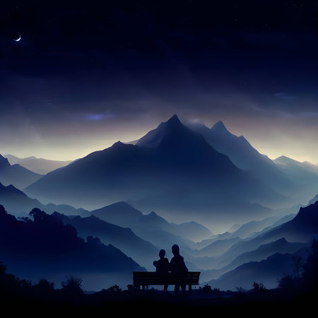 Silhouette of couple sitting on bench in the mountains at nightの素材