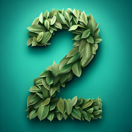 Number 2 made of green leaves on a blue background. 3d renderingの素材