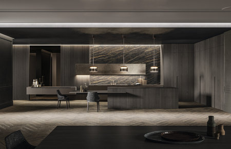 Interior of modern bathroom with dark wooden walls, wooden floor, comfortable gray bathtub standing...