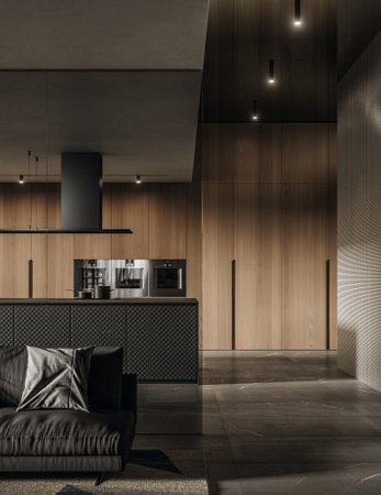 Interior of modern kitchen with dark wooden walls, concrete floor, gray sofa and black cupboards. 3d...