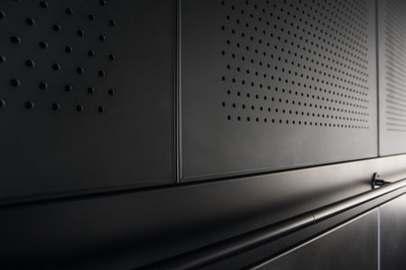 Black metal wall with perforated holes. Background and texture.