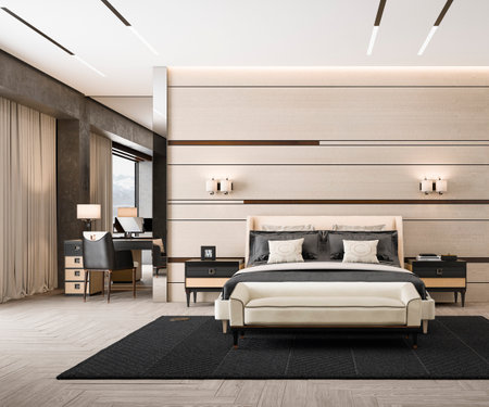 Luxury hotel bedroom interior with wooden wall and carpet. 3d renderingの写真素材