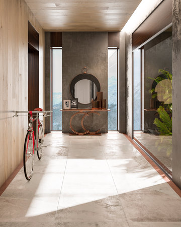 Interior of modern bathroom with concrete walls, tiled floor, double sink with mirror and bicycle....