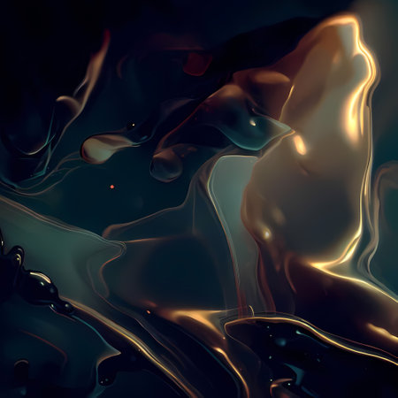 Liquid gold paint on black background. 3d rendering, 3d illustration.の素材