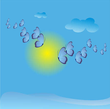 blue butterflies in the sky with clouds and sun,illustration of butterflies on a background of blue skyのイラスト素材