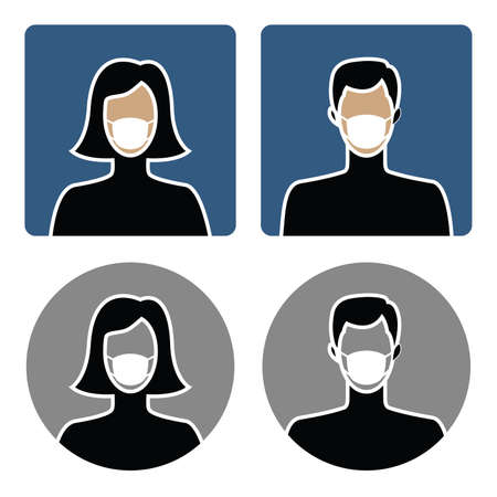 Male and female avatar icons with medical face masks, flat designのイラスト素材