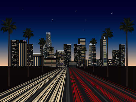 City at night. Cityscape of Downtown Los Angeles and a Freeway heading to the town. Illustration....