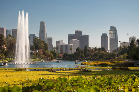 LOS ANGELES, CA, USA â€“ OCTOBER 29, 2022: Echo Park lake with downtown Los Angeles skyline in...