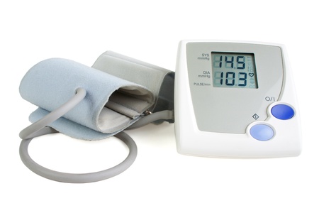 Digital blood pressure meter, isolated on whiteの写真素材