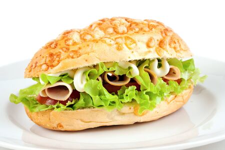 Cheese bread roll sandwich with turkey hamの写真素材