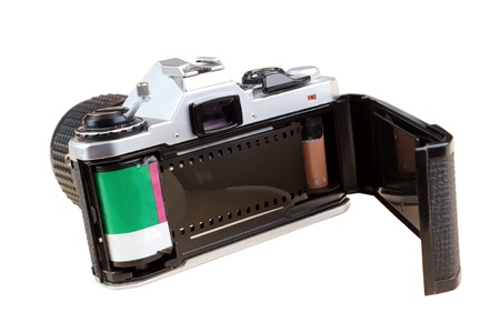 Old 35mm film camera, with opened back cover