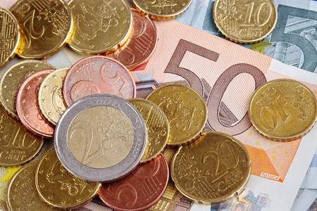 European money closeup, euro coins and billsの写真素材