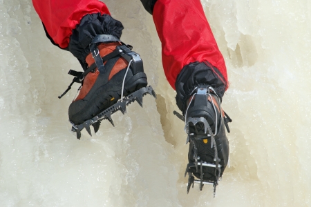Ice climbing crampons in use closeupの写真素材