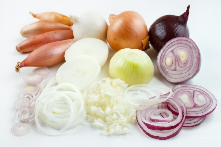 Prepared and cutted onions with bulbsの写真素材