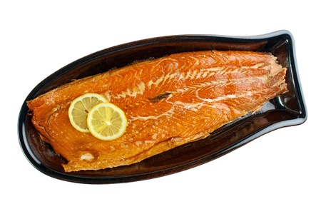  *** Local Caption *** Smoke cooked salmon fillet on fish platter , isolated on white background