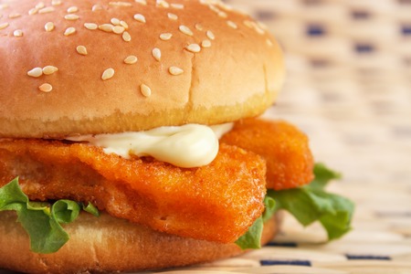 Fish stick burger with mayonnaise closeupの写真素材