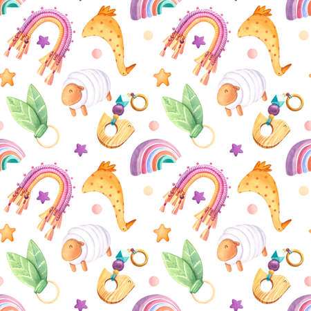 Pattern watercolor with eco toy wooden, macrame, rainbow pyramid, rabbit, bird, duck toy childrens. Design for logo, baby textile, print, nursery decor, children decoration, kids room, backgroundの写真素材