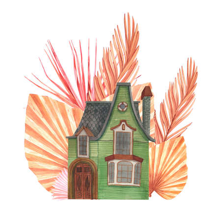House home cottage cosy building estate painted by watercolor isolated on a white background cartoon. Dried tropical palm leaves illustration logo. Hand-drawn cute of architecture old european town.の写真素材