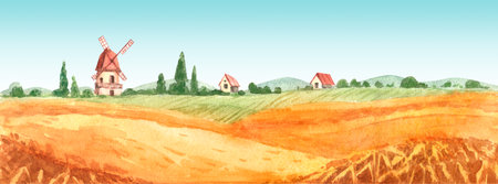 Summer rural landscape, wheat rye field. Watercolor hand drawn illustration, background for your design: bakery, cafe, restaurant menu element, recipe cooking book.の写真素材