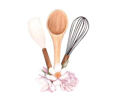 Watercolor kitchen tools clipart with flowers. Isolated elements on white background. Background for your design: restaurant menu element, recipe cooking book.の写真素材
