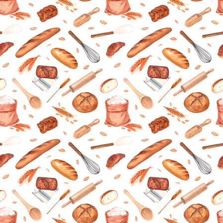 Watercolor seamless pattern cooking utensils and bread . Illustration on white background. Isolated on white background cafe, restaurant menu element.の写真素材