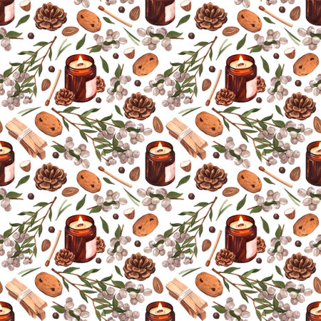 Hand-drawn watercolor seamless pattern of the christmas decor and cosy home. Christmas, candle, cookie, branches, candlesticks and more. Illustration perfect fabric textileの写真素材